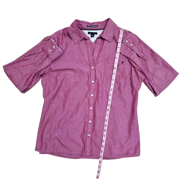 Tommy Hilfiger Women’s Burgundy Speckled Button Down Shirt L Elbow Patch Y2K - Picture 7 of 7